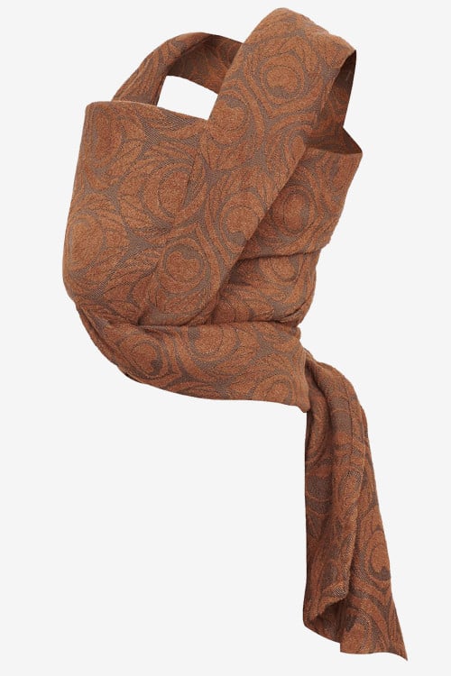 Brown baby wrap with peacock feather print in a vicuña and cashmere blend