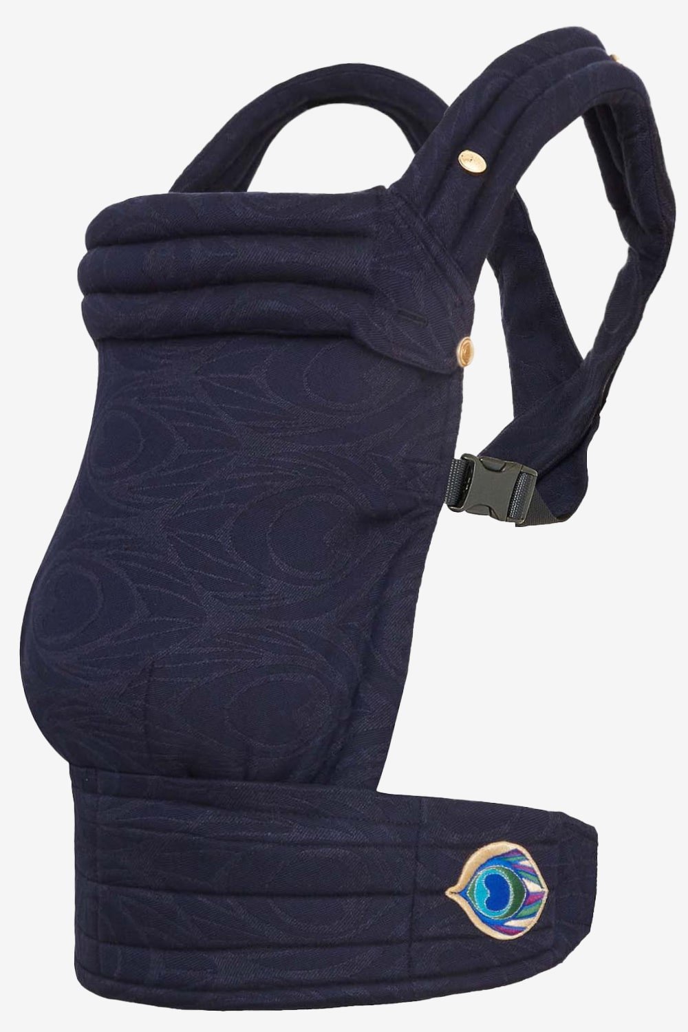 Blue baby carrier with an peacock feather print in a hemp blend