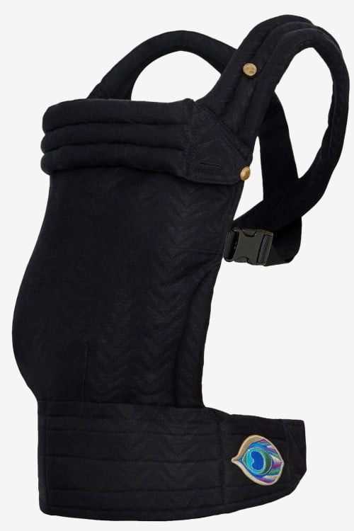 Black baby carrier with graphic design in a linen blend