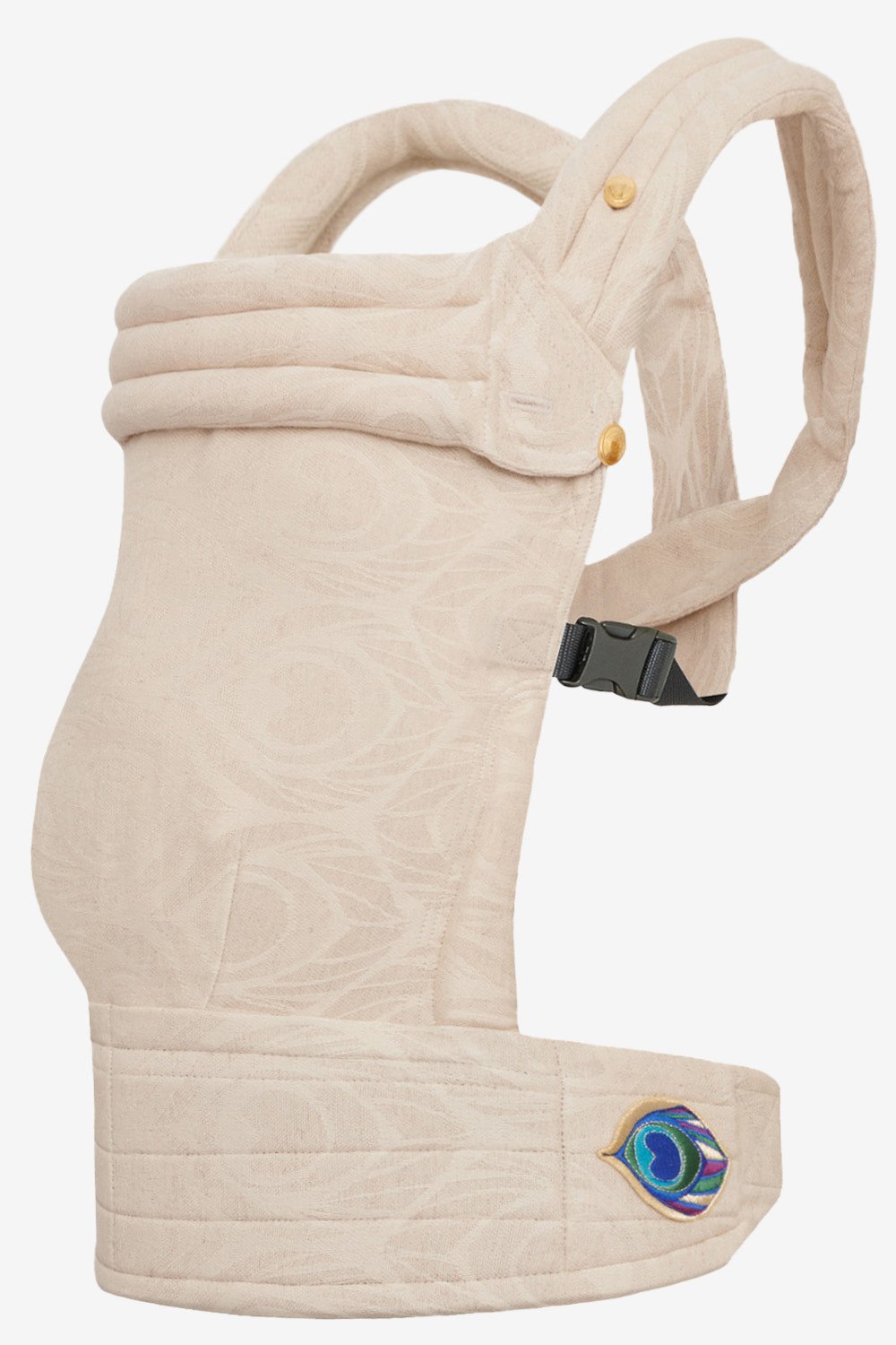Beige baby carrier with peacock feather print in a linen blend