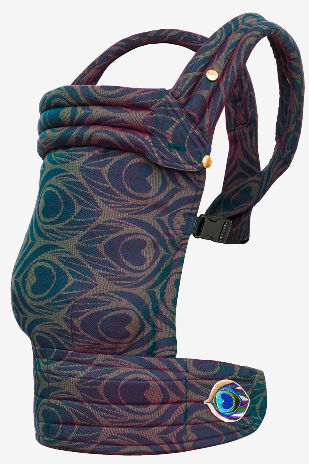 Dark green baby carrier with peacock feather print in a cotton blend