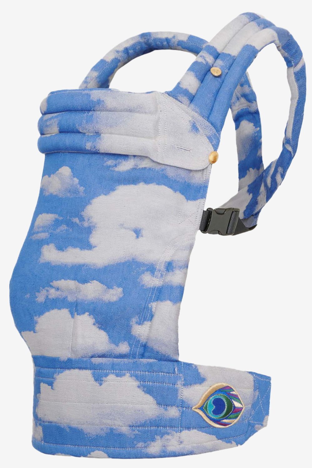 Blue baby carrier with clouds in a linen blend