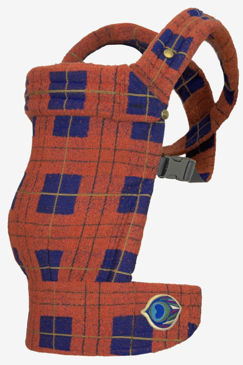 Red orange and blue baby carrier with lines in yellow