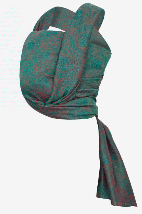 Emerald and fuchsia baby wrap with peacock feather print in a silk blend