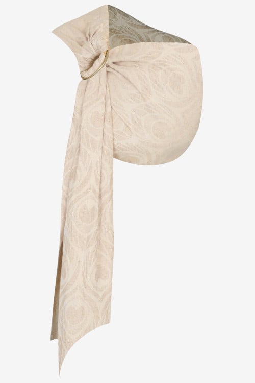 Beige ring sling with peacock feather print in a linen blend