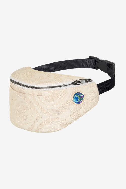 Beige belt bag with peacock feather print in a linen blend