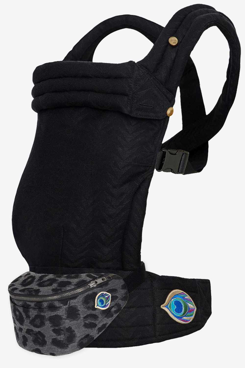 Black baby carrier with graphic design in a linen blend and grey cotton blend belt bag with leopard print