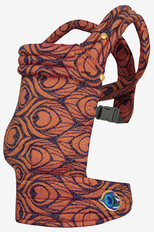 Purple with an iridescent golden hue baby carrier with peacock feather print