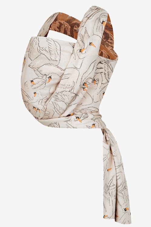 Beige and white baby wrap with swans, in cotton