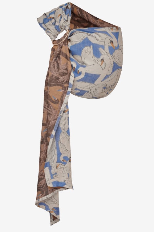 Blue and white ring sling with swans, in a tussah silk blend