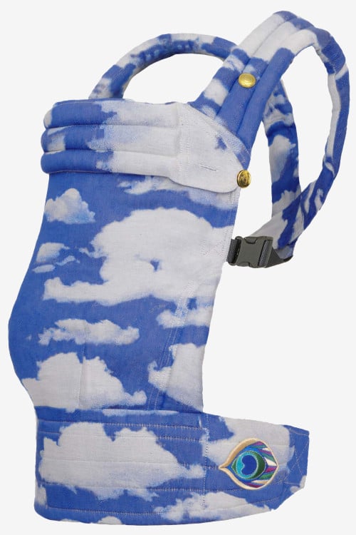 Blue baby carrier with clouds in a linen blend