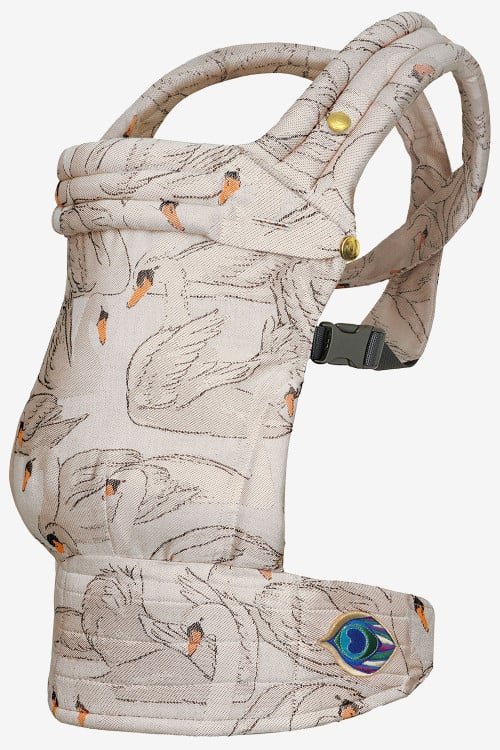 Beige and white baby carrier with swans, in cotton
