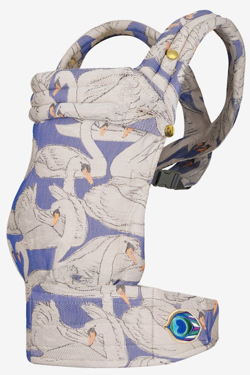 Blue and white baby carrier with swans, in cotton