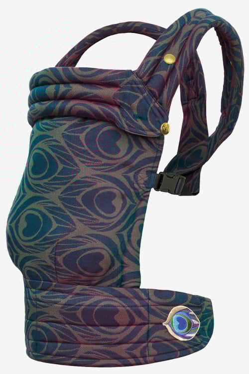 Dark green baby carrier with peacock feather print in a cotton blend