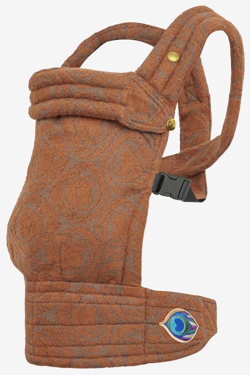 Brown baby carrier with peacock feather print in a vicuña and cashmere blend