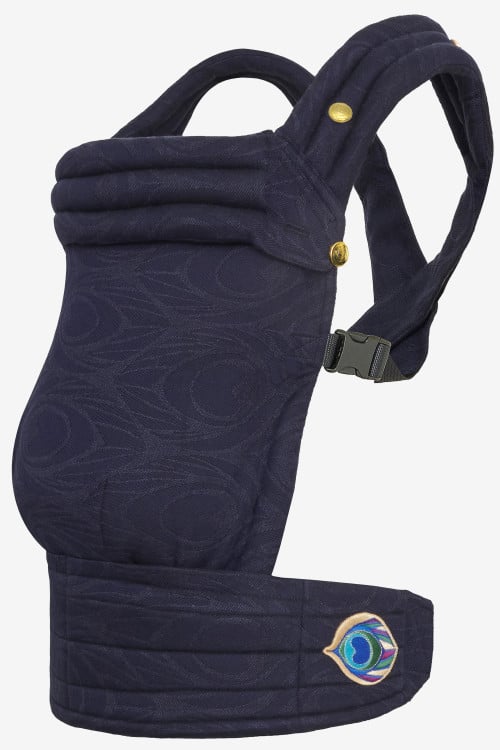 Blue baby carrier with an peacock feather print in a hemp blend