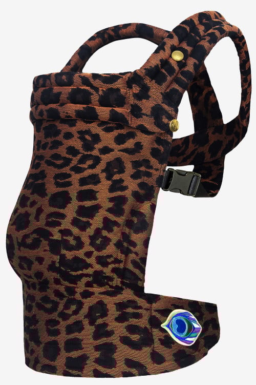 Brown baby carrier with leopard print in a cotton blend