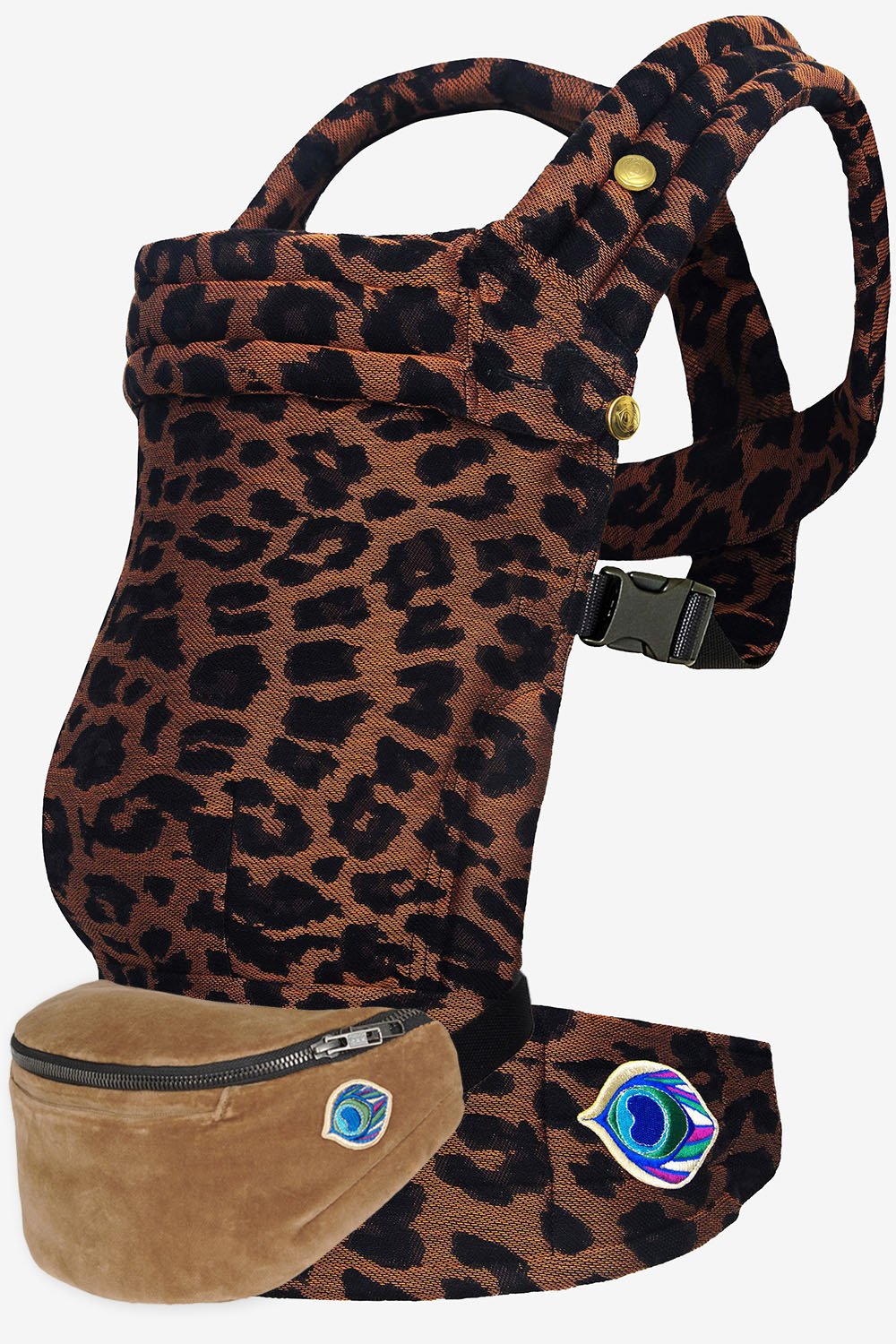 Brown baby carrier with leopard print and brown velvet belt bag