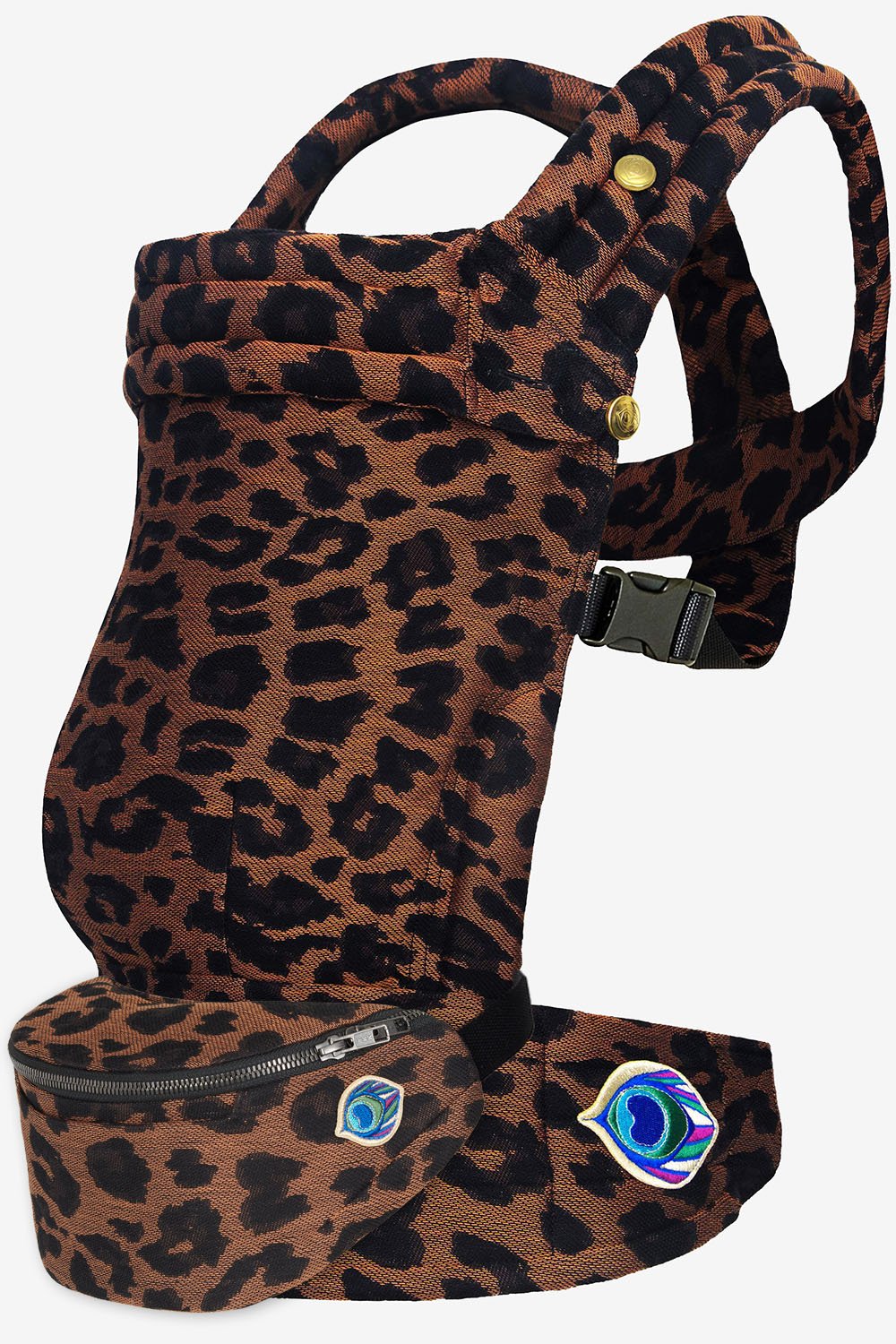 Brown baby carrier with leopard print and brown cotton blend belt bag with leopard print
