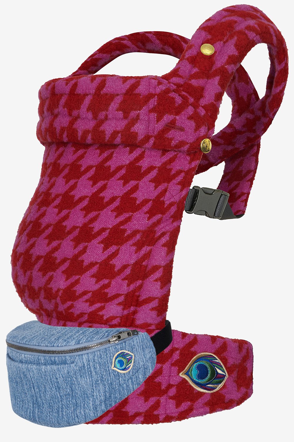 Red and pink tweed cashmere and silk baby carrier and denim belt bag