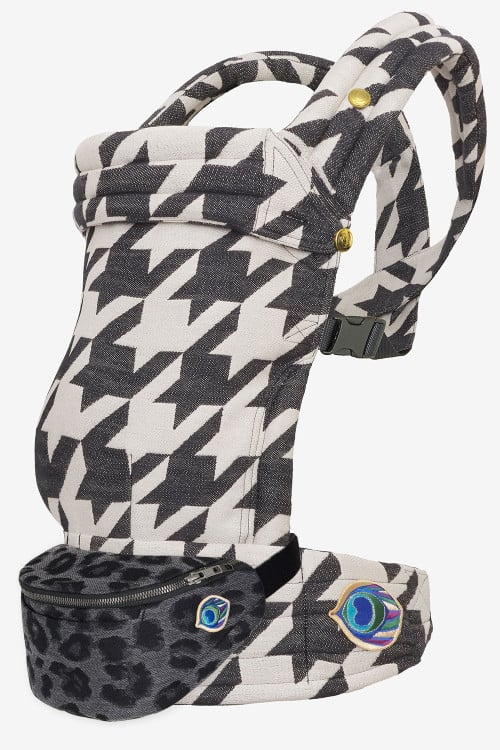 Black and white tweed baby carrier in a cotton blend and grey cotton blend belt bag with leopard print
