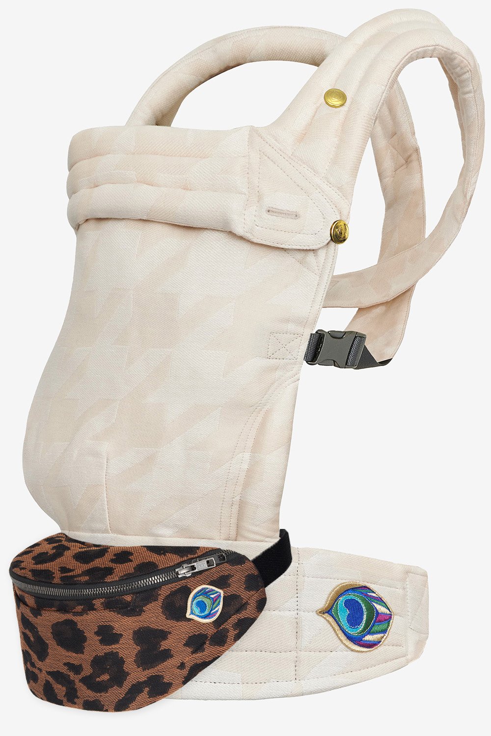 Ecru and white tweed baby carrier  in a cotton and hemp blend and brown cotton blend belt bag with leopard print