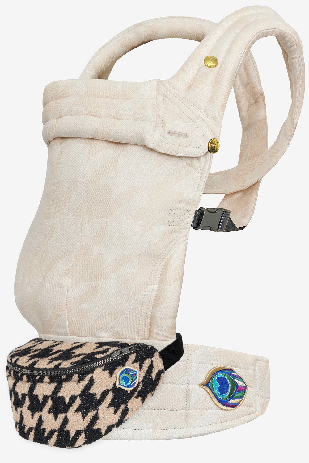 Ecru and white tweed baby carrier  in a cotton and hemp blend and black and beige tweed belt bag in a cashmere and silk blend