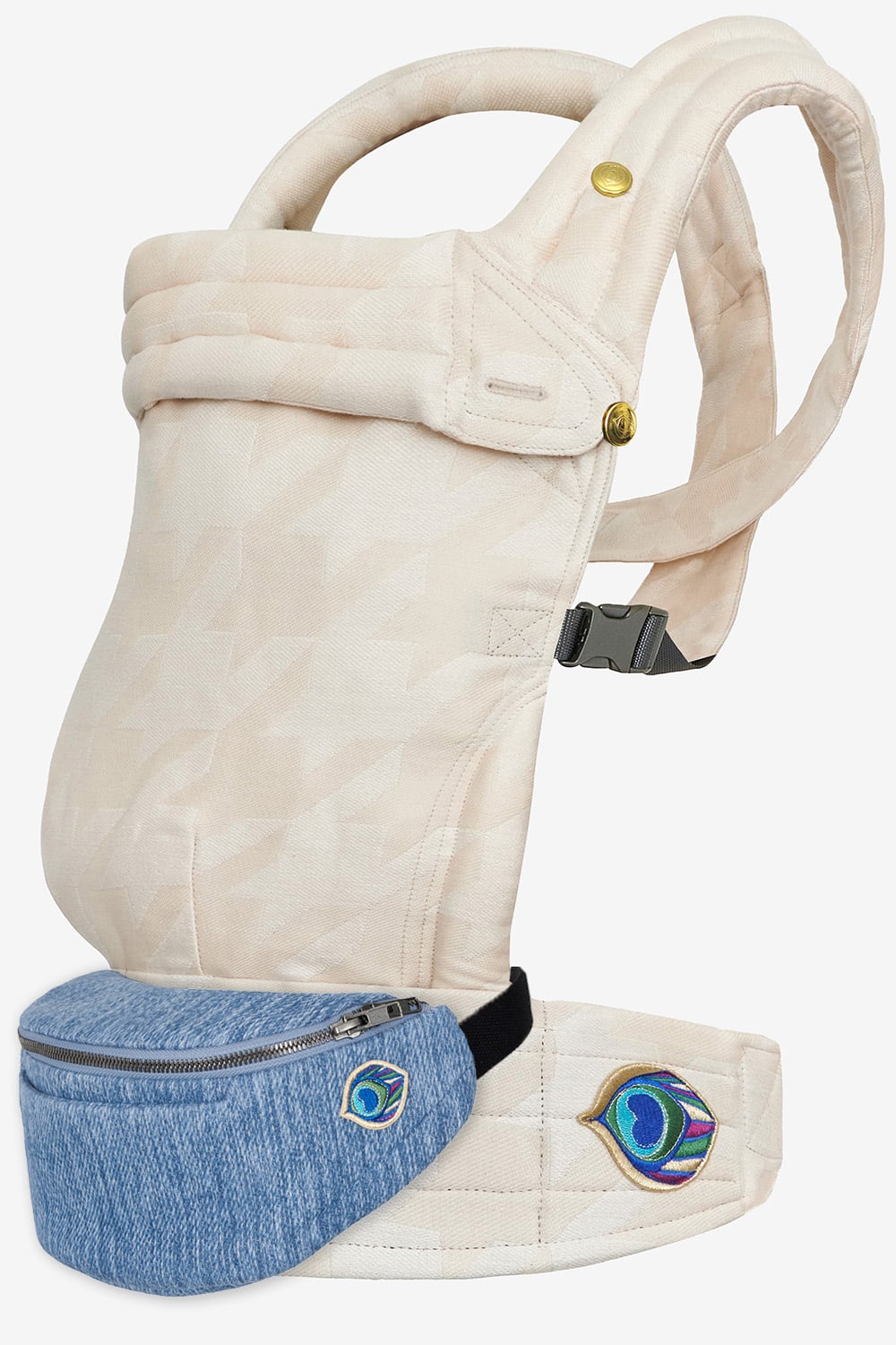 Ecru and white tweed baby carrier  in a cotton and hemp blend and denim belt bag