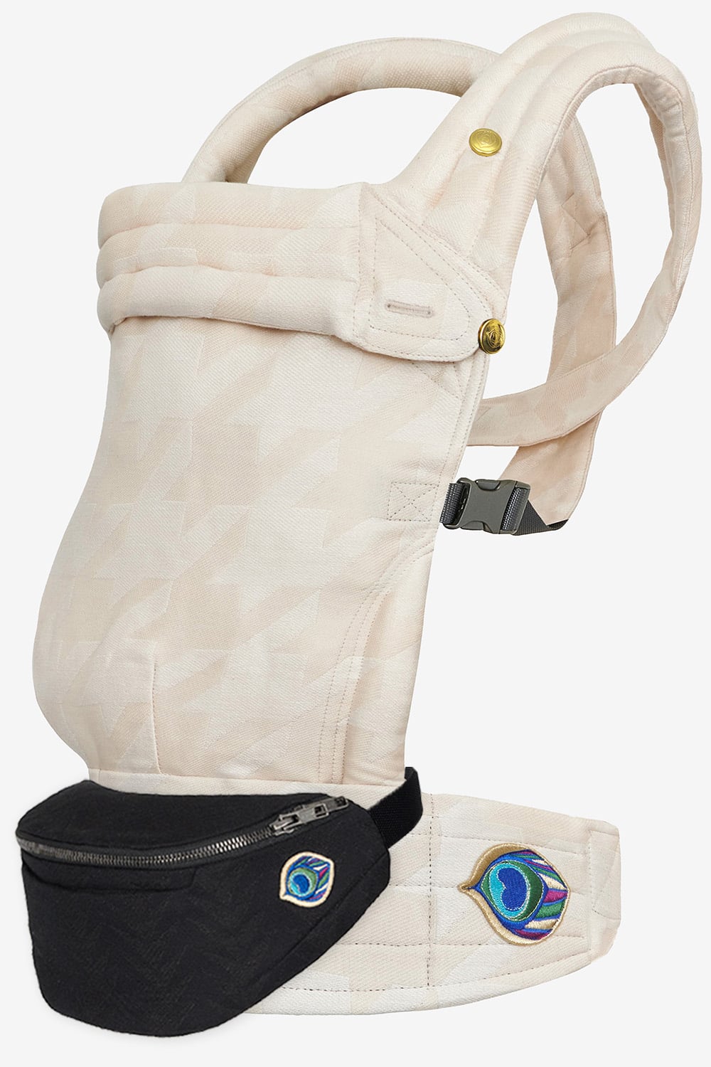 Ecru and white tweed baby carrier  in a cotton and hemp blend and black linen blend belt bag with a graphic design