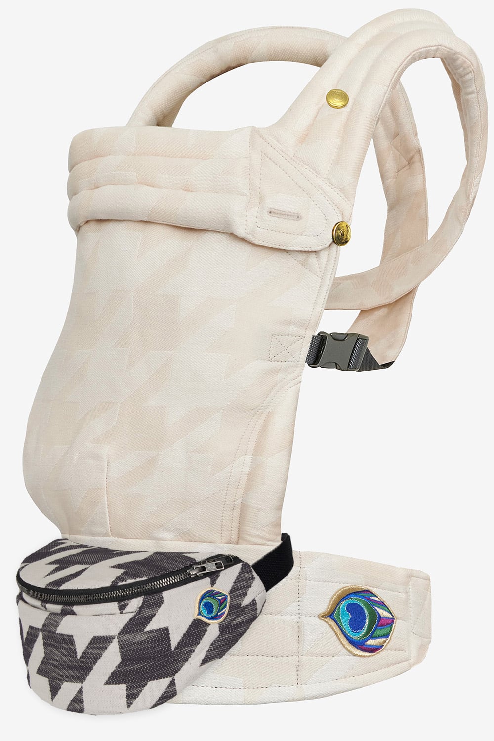 Ecru and white tweed baby carrier  in a cotton and hemp blend and black and white tweed belt bag in a cotton blend