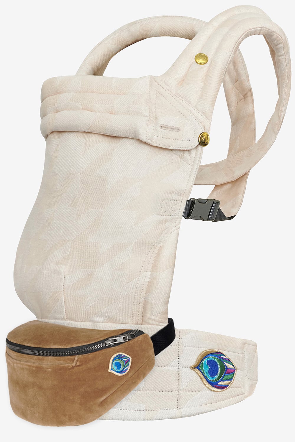 Ecru and white tweed baby carrier  in a cotton and hemp blend and brown velvet belt bag