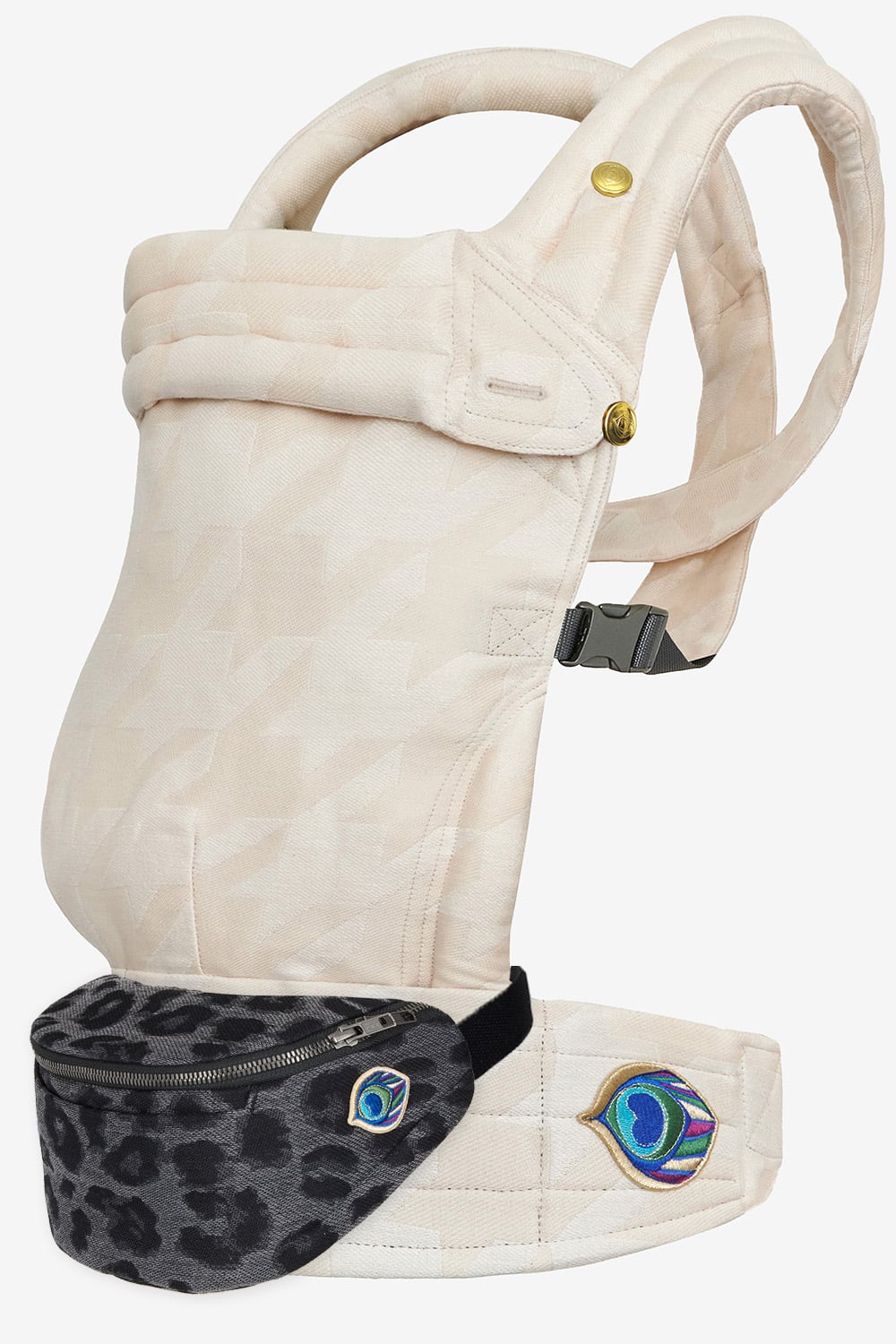 Ecru and white tweed baby carrier  in a cotton and hemp blend and grey cotton blend belt bag with leopard print
