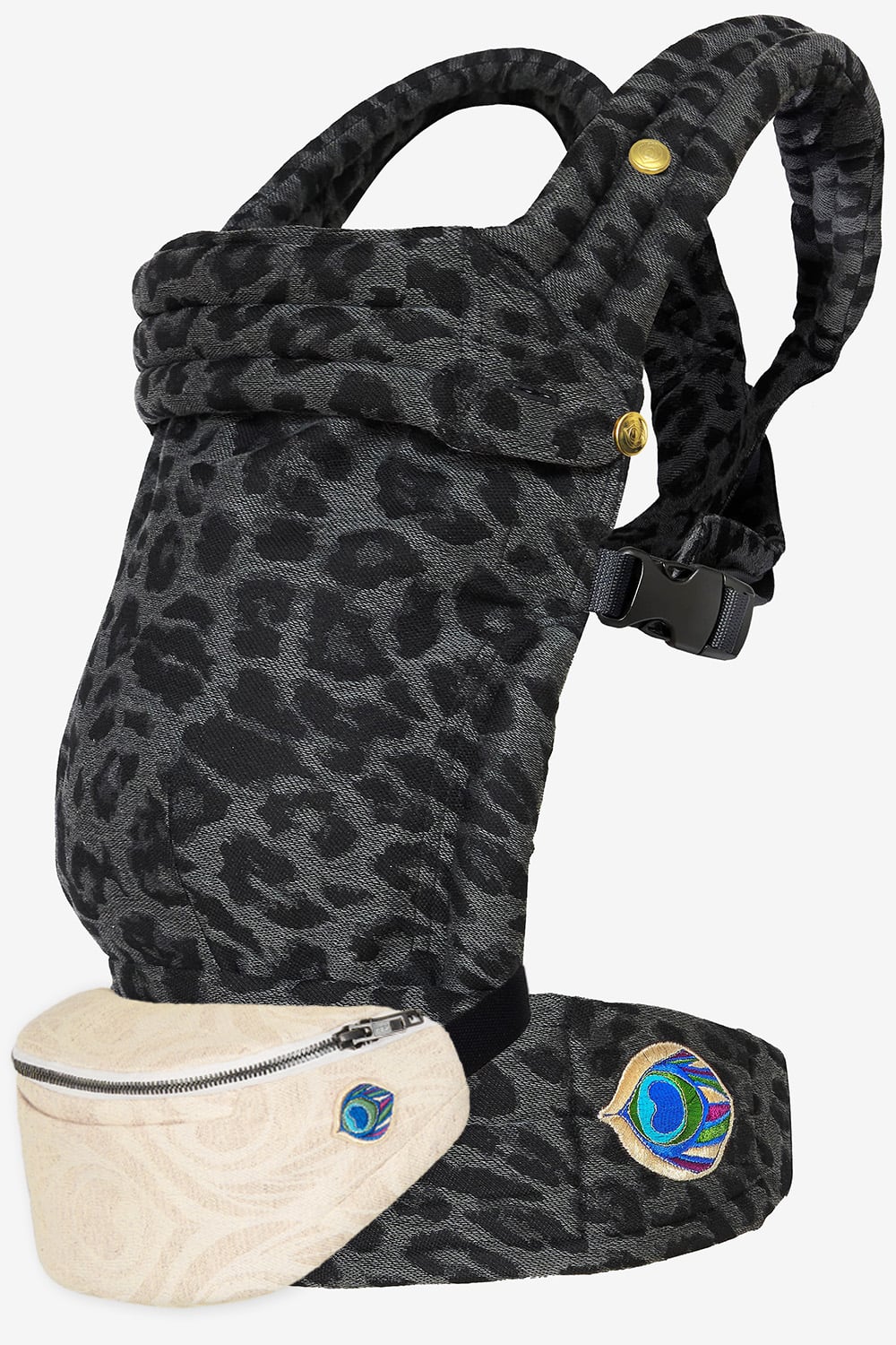 Grey baby carrier with leopard print in a cotton blend and beige belt bag in a linen blend