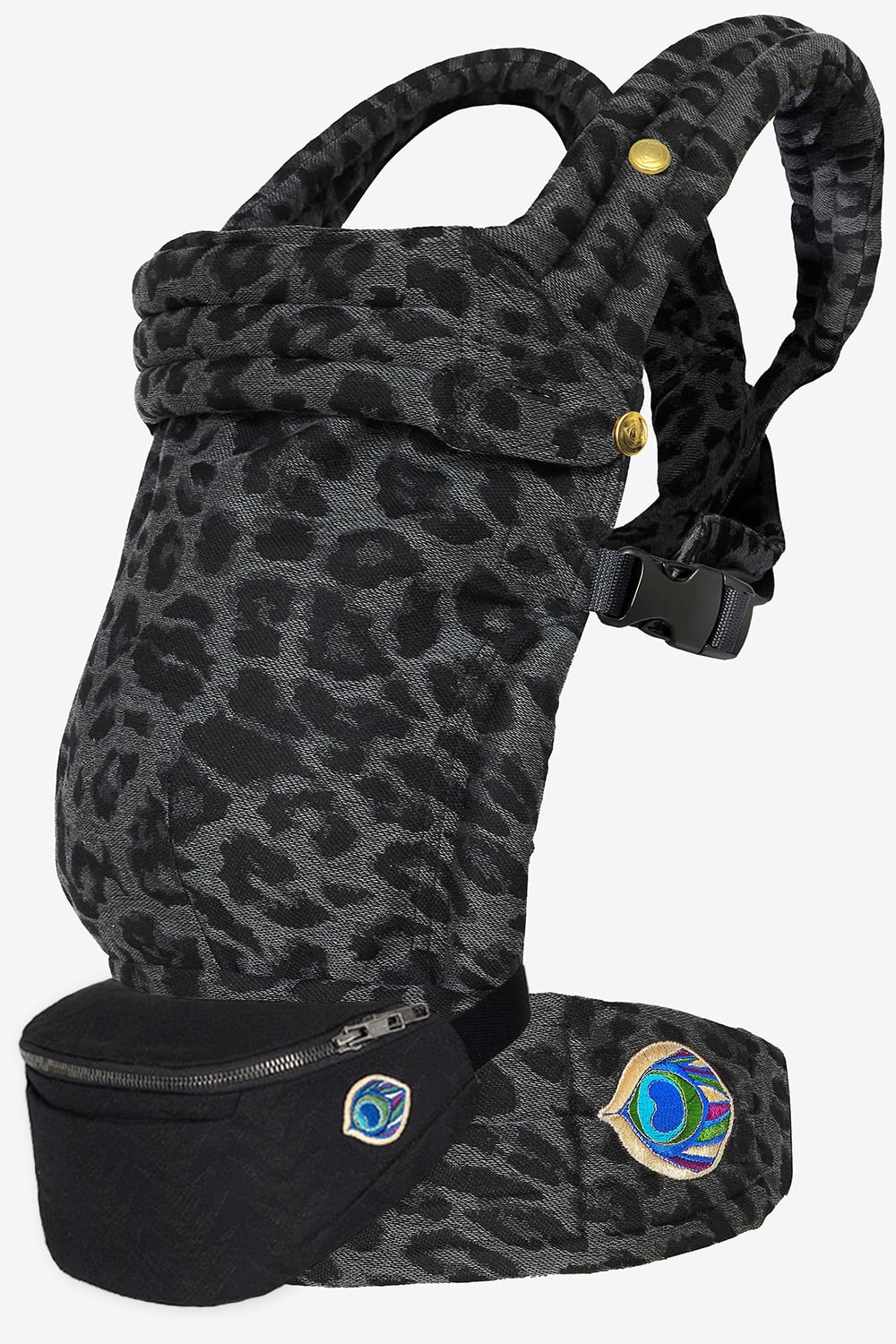 Grey baby carrier with leopard print in a cotton blend and black linen blend belt bag with a graphic design