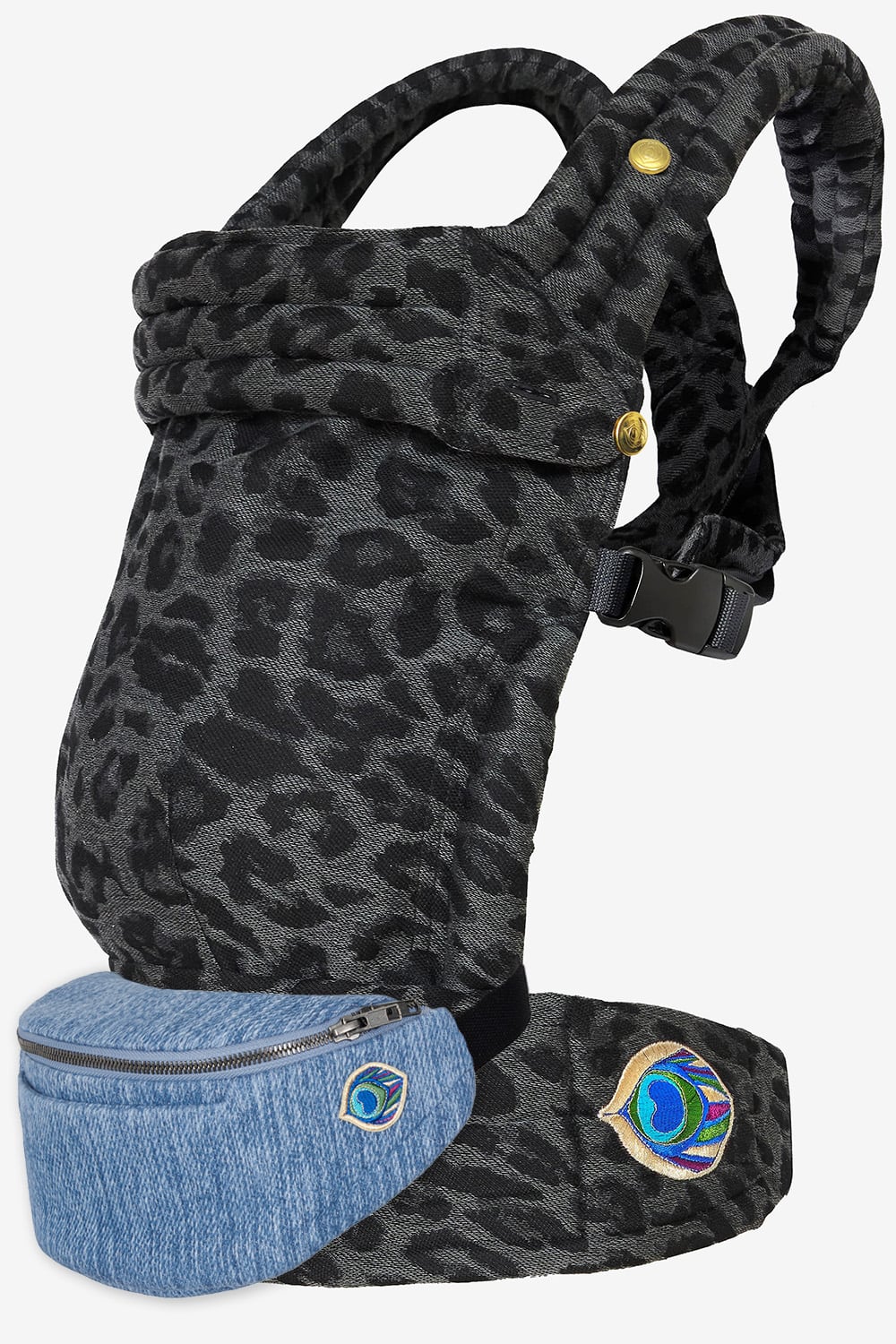 Grey baby carrier with leopard print in a cotton blend and denim belt bag
