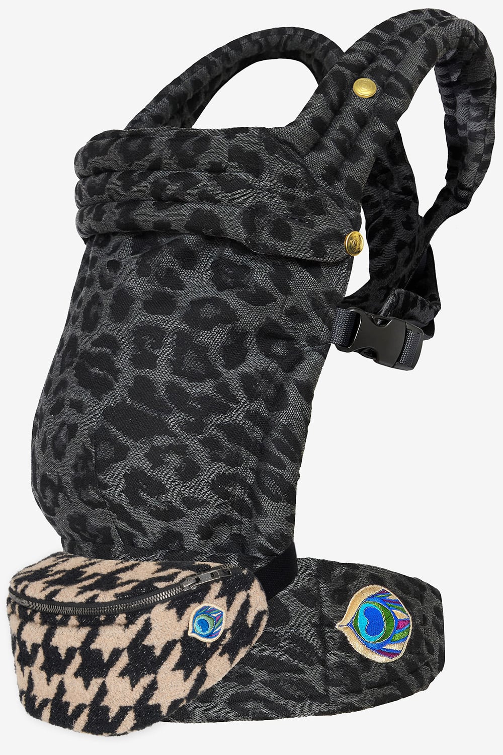 Grey baby carrier with leopard print in a cotton blend and black and beige tweed belt bag in a cashmere and silk blend
