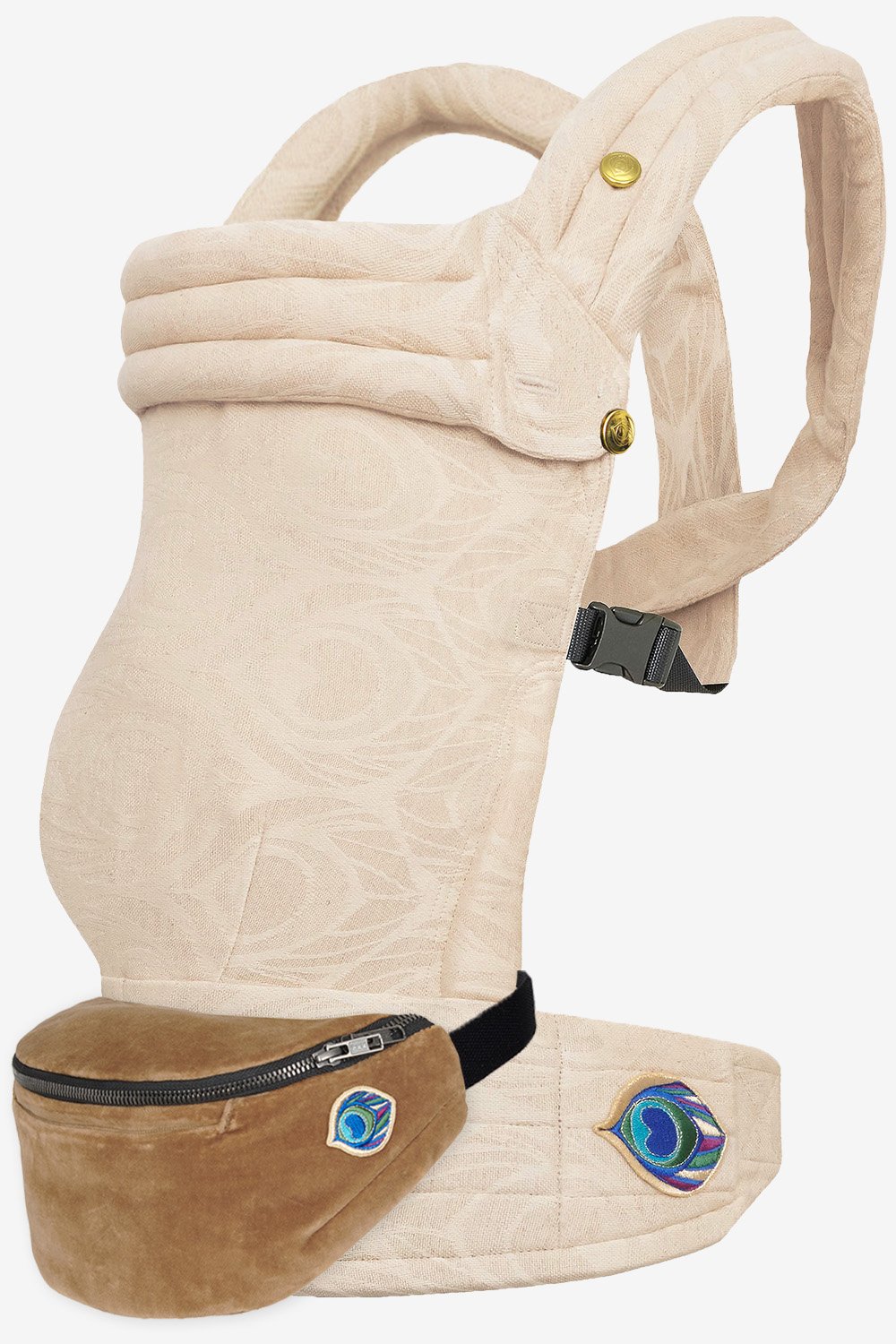 Beige baby carrier with peacock feather print in a linen blend and brown velvet belt bag