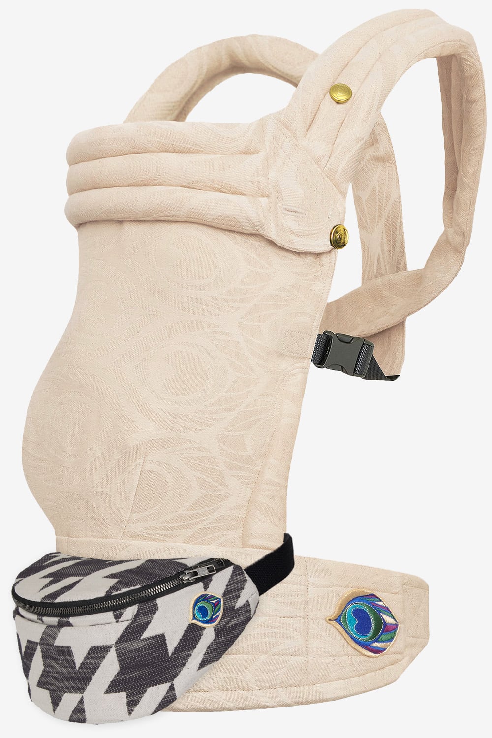 Beige baby carrier with peacock feather print in a linen blend and black and white tweed belt bag in a cotton blend
