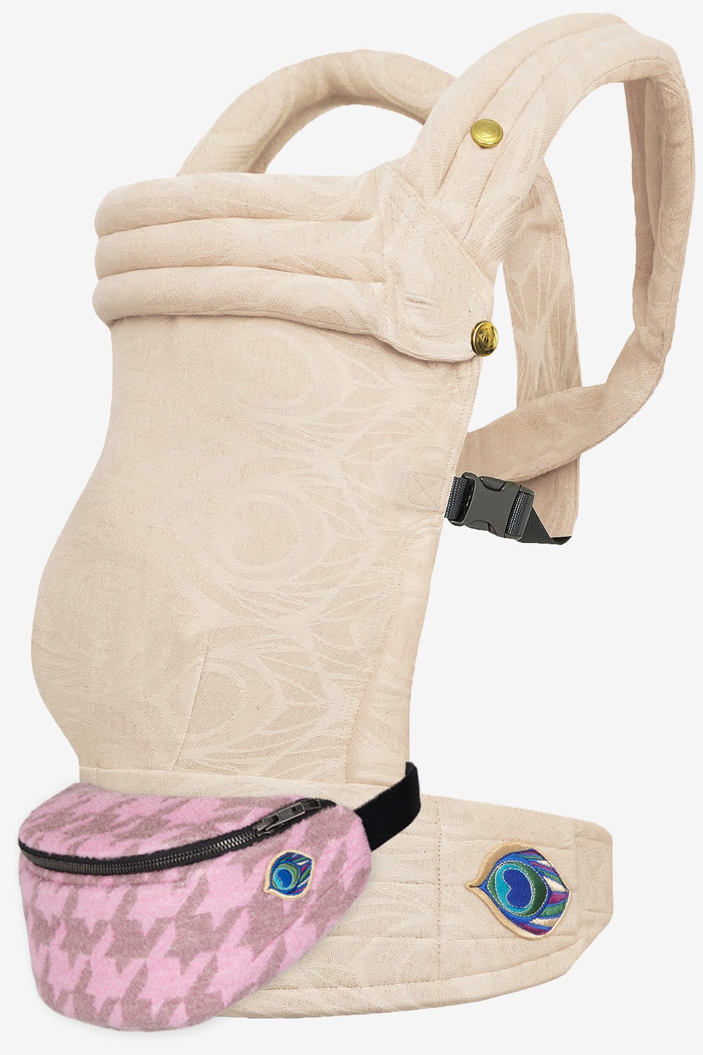 Beige baby carrier with peacock feather print in a linen blend and pink tweed belt bag in a cashmere and silk blend