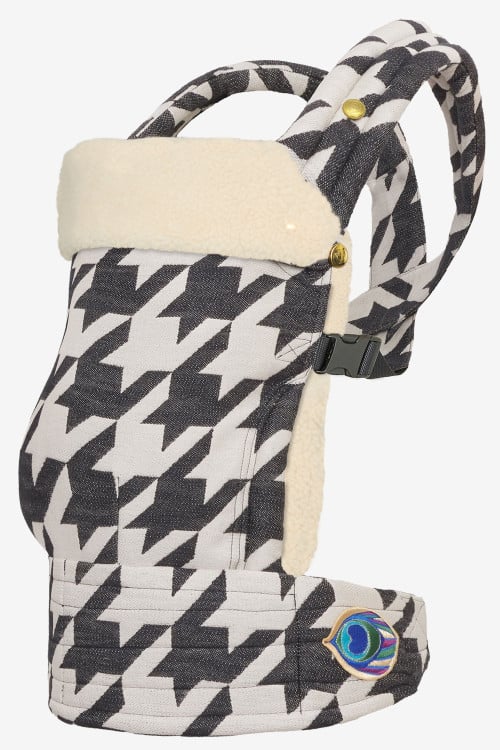 Black and white tweed baby carrier in a cotton blend with a light beige attachable insert in 100% lambskin