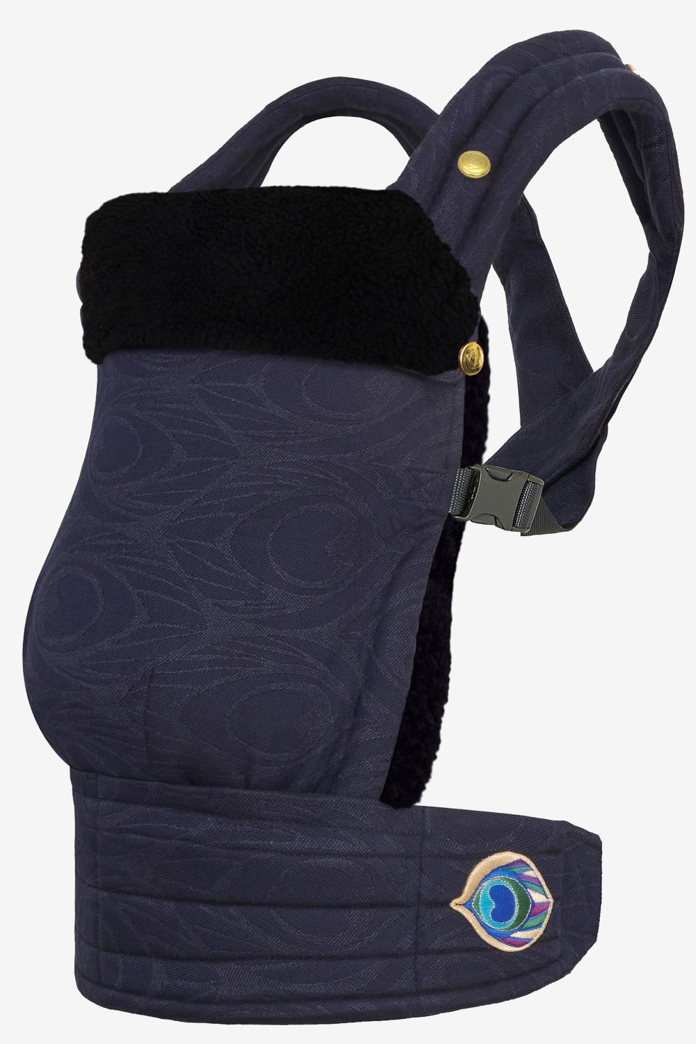 Dark blue baby carrier with peacock feather print in a cotton and hemp blend with a black attachable insert in 100% lambskin