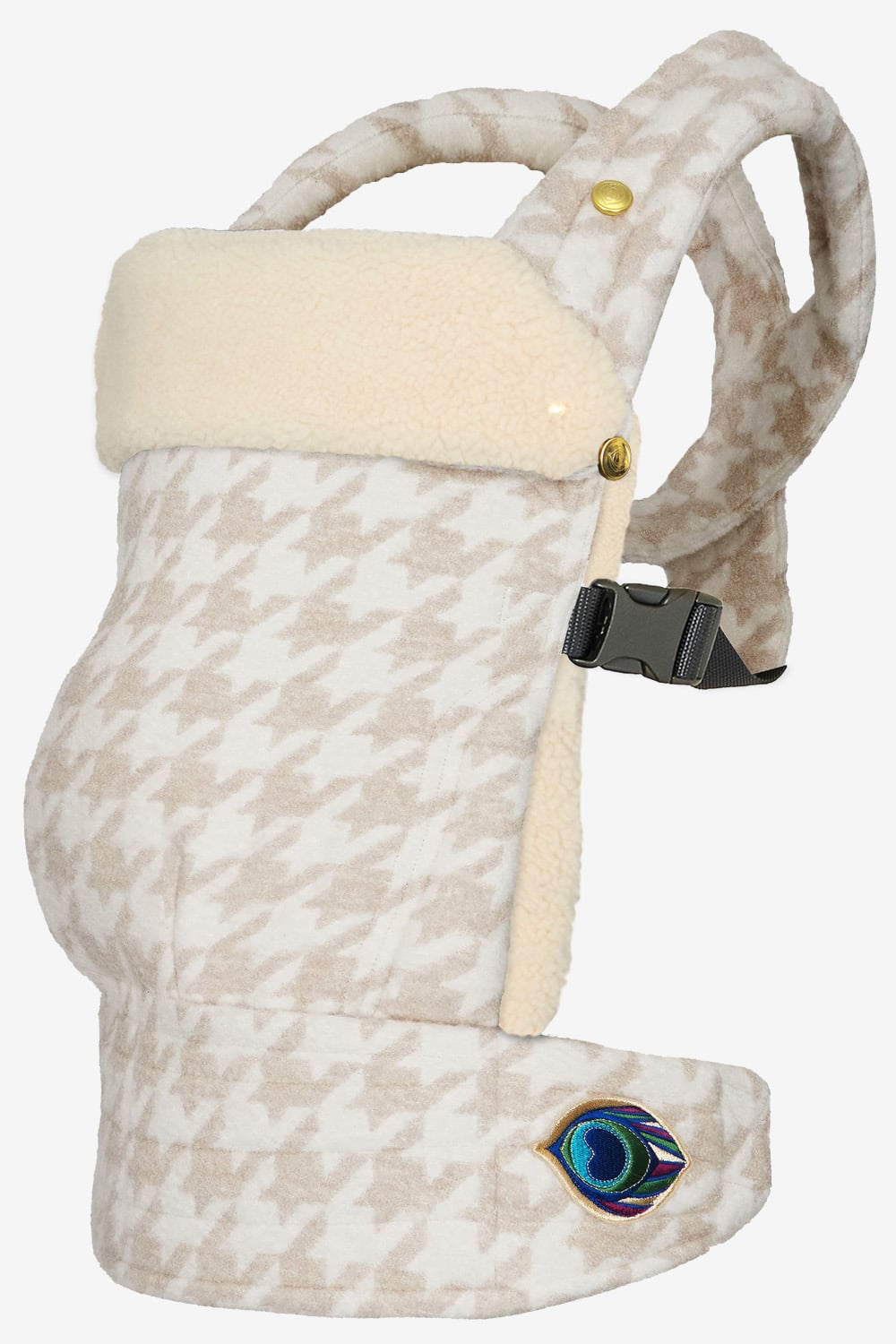 White and beige tweed cashmere and silk baby carrier with a light beige attachable insert in 100% lambskin