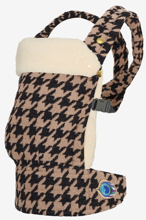 Black and beige tweed baby carrier in a cashmere and silk blend with a light beige attachable insert in 100% lambskin