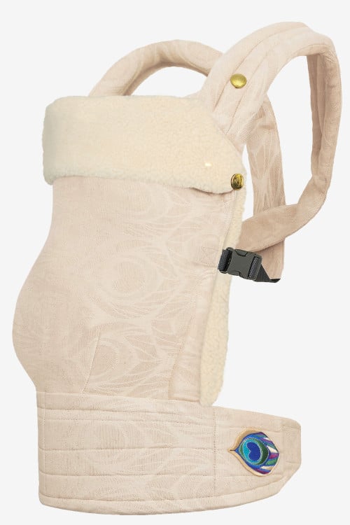 Beige baby carrier with peacock feather print in a linen blend with a light beige attachable insert in 100% lambskin