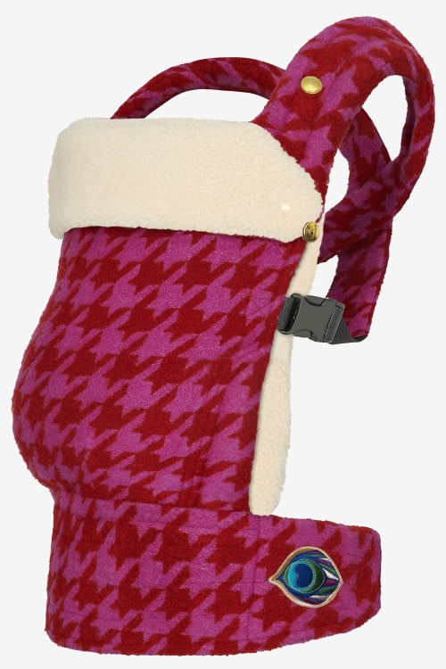 Red and pink tweed cashmere and silk baby carrier with a light beige attachable insert in 100% lambskin