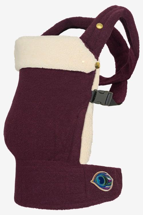 Burgundy baby carrier in a cashmere and silk blend with a light beige attachable insert in 100% lambskin