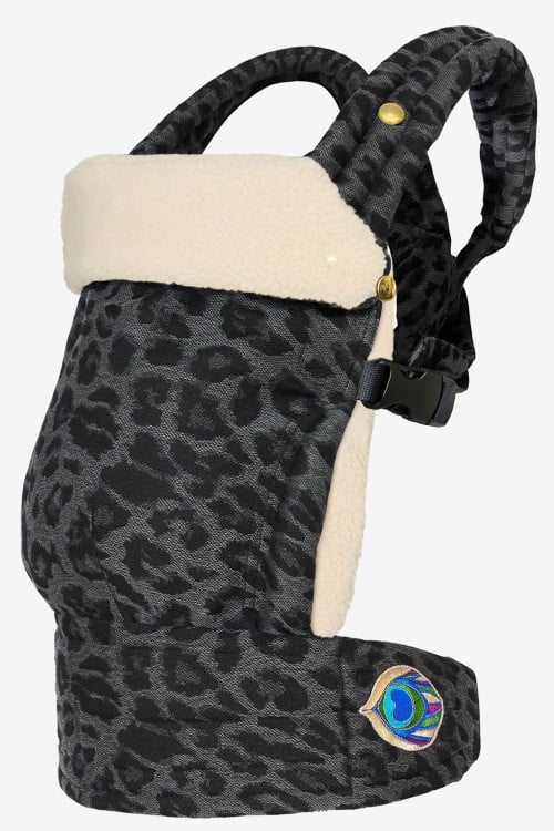 Grey baby carrier with leopard print in a cotton blend with a light beige attachable insert in 100% lambskin