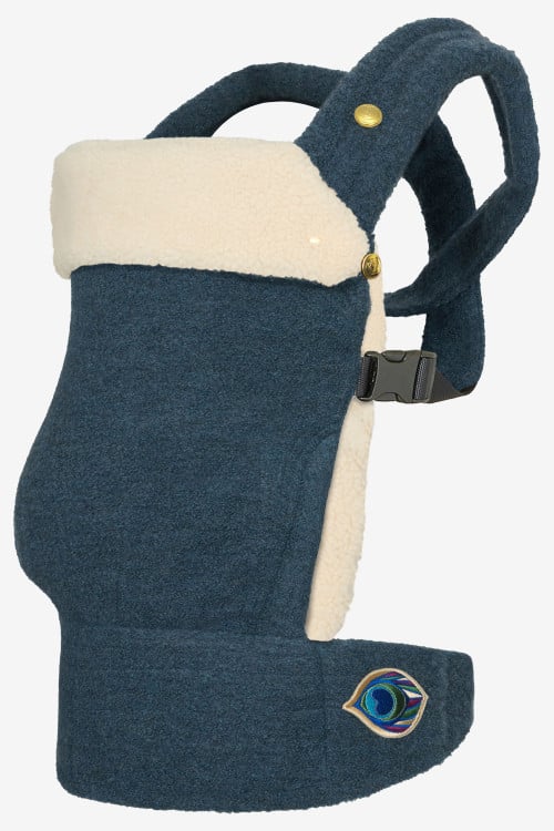 Teal baby carrier in a cashmere and silk blend with a light beige attachable insert in 100% lambskin