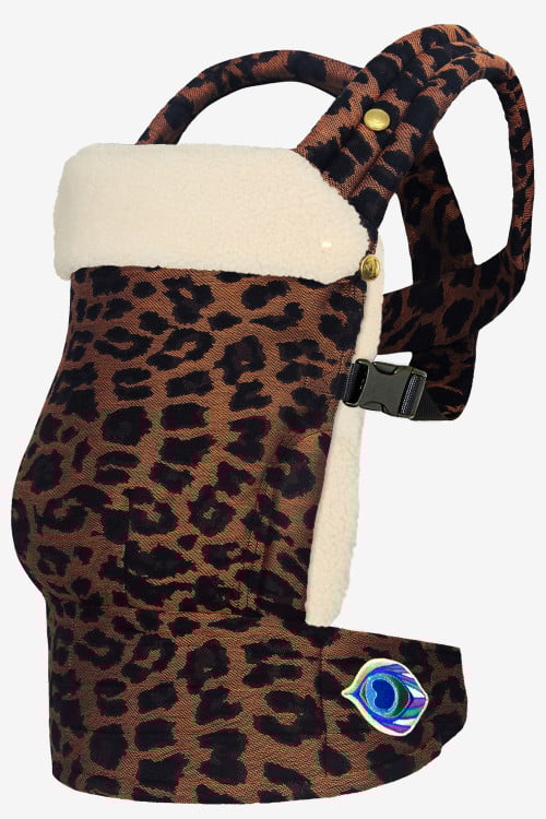 Brown baby carrier with leopard print with a light beige attachable insert in 100% lambskin