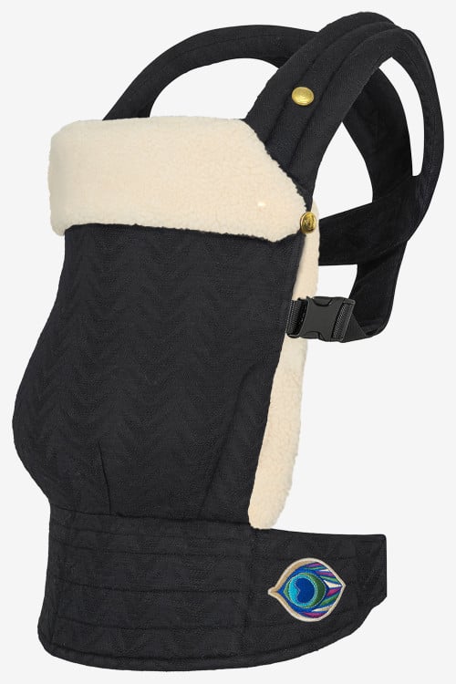 Black baby carrier with graphic design in a linen blend with a light beige attachable insert in 100% lambskin